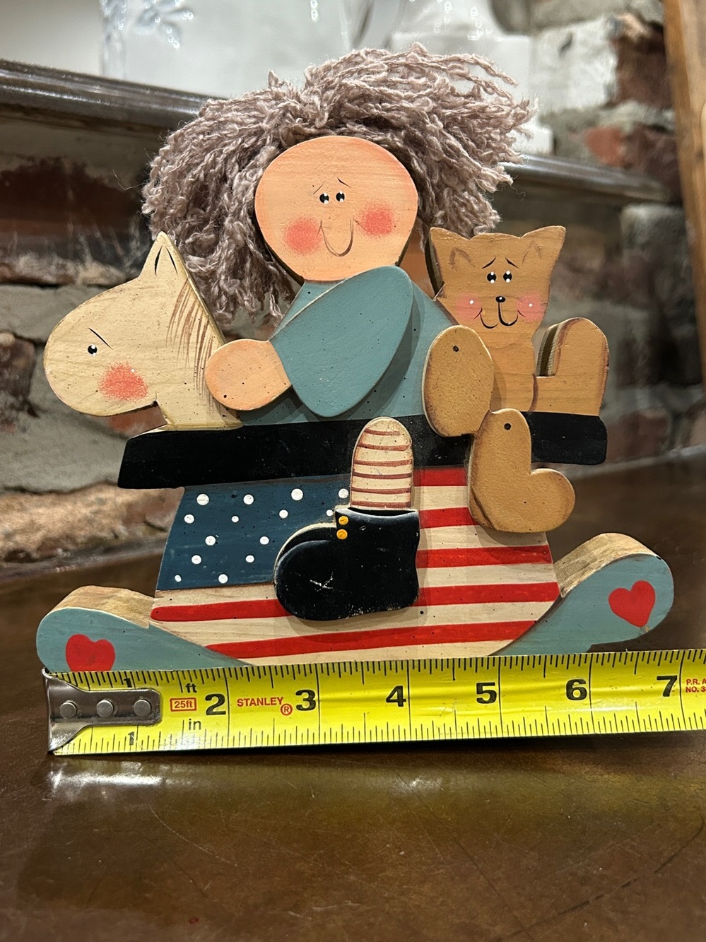 Wooden Girl Rocking Horse Cat Folk Art Figurine Patriotic Americana Decor 7”